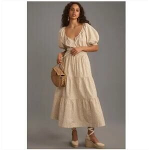 Anthropologie The Somerset Maxi Dress Puff-Sleeve Edition Tan Brown Size Large